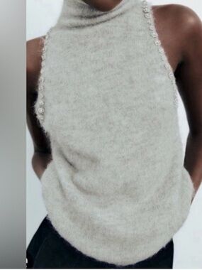 Zara Cream Halter Neck Knit Tank with Beaded Trim